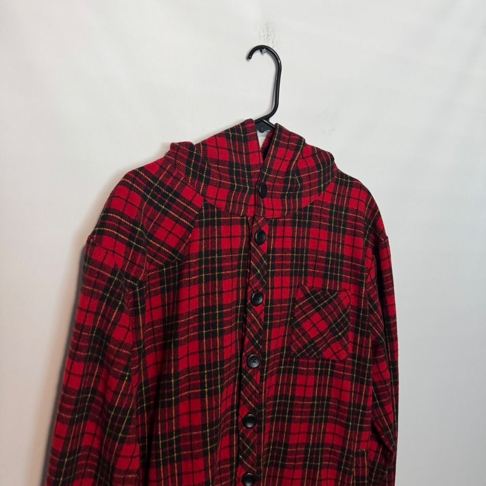 YoungLA Hooded Flannel Shirt Jacket Mens XL Red Black Plaid Shacket Hoodie - Picture 2 of 8